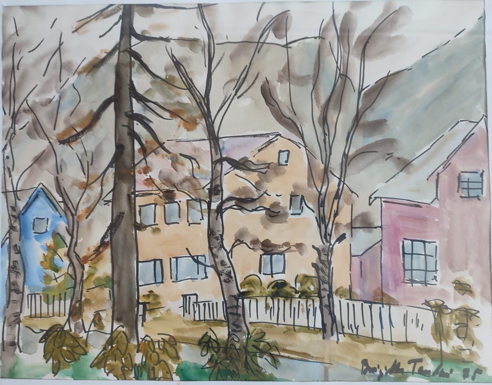 Ein in Wasserfarben gemaltes gelbes Haus mit einem weißen Holzzaun. Davor sind ein paar Bäume. Links davon ist ein blaues Haus. Rechts ist ein rotes Haus.